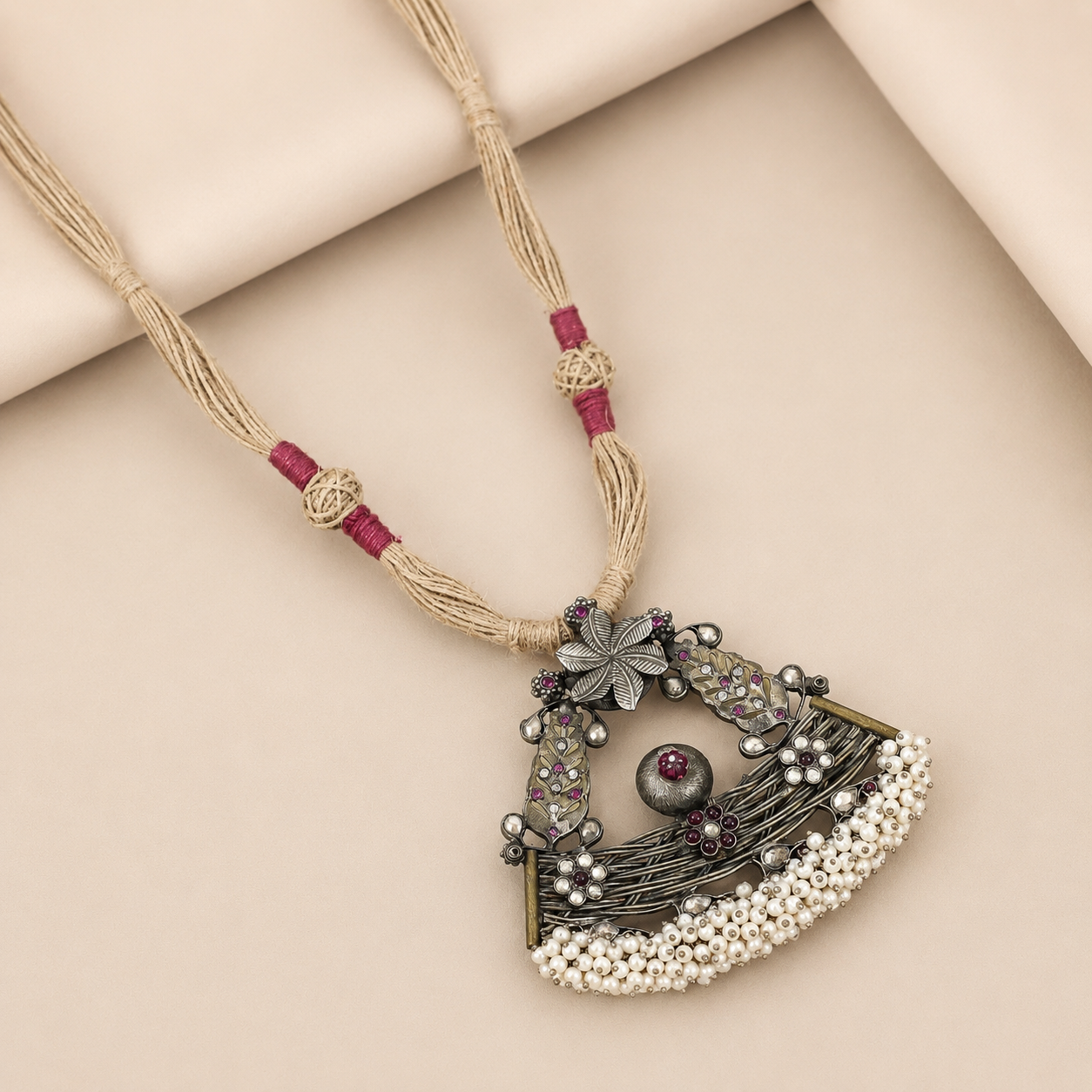 Floral Design Pearl Silver Necklace