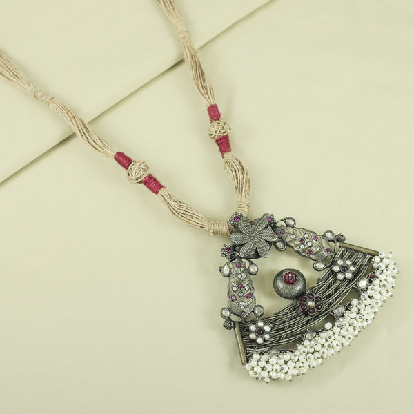 Elegant With  Floral Design Pearl Silver Necklace