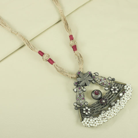 Elegant With  Floral Design Pearl Silver Necklace