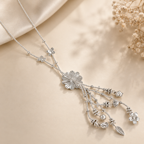 Bhavya Floral Leaf Motifs Silver Necklace
