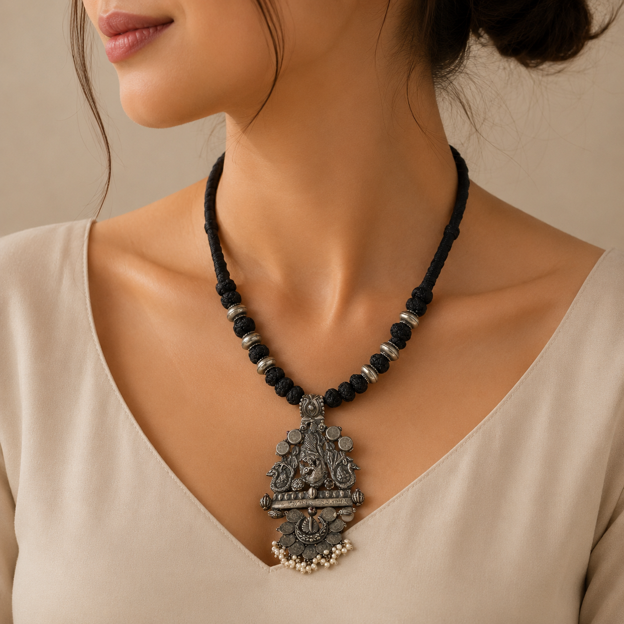 Antique Black Thread Silver Necklace