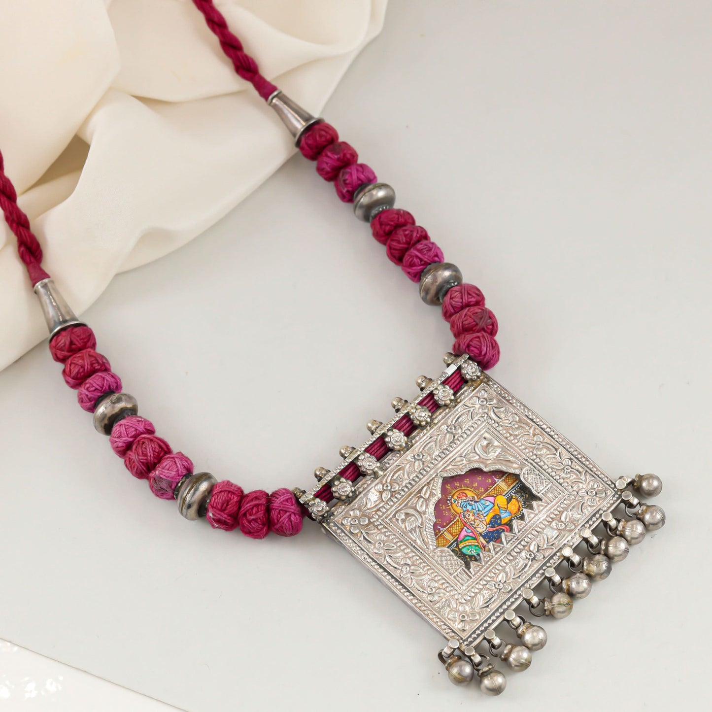 Radha-Krishna Red Thread Silver Necklace