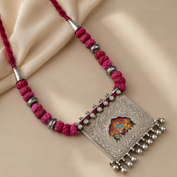 Radha-Krishna Red Thread Silver Necklace
