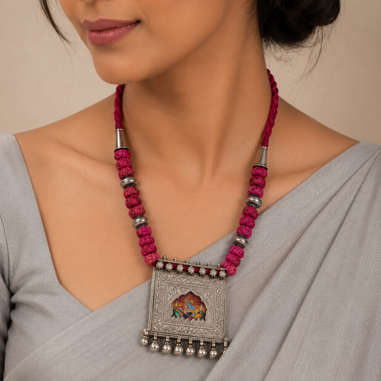 Radha-Krishna Red Thread Silver Necklace
