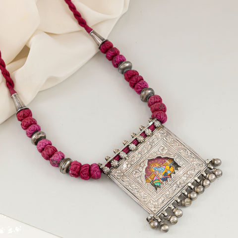 Radha-Krishna Red Thread Silver Necklace