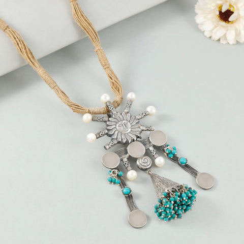 Sun Charm Pearl Turquoise  Rustic Thread Silver Necklace