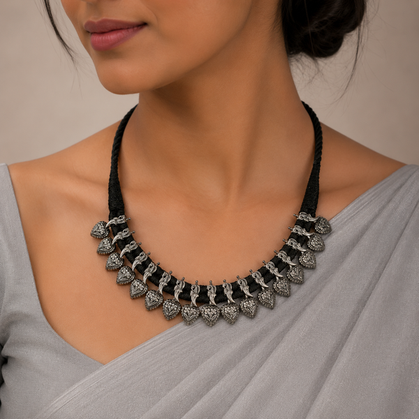 Tribal Elegance Handwoven Thread Silver Necklace