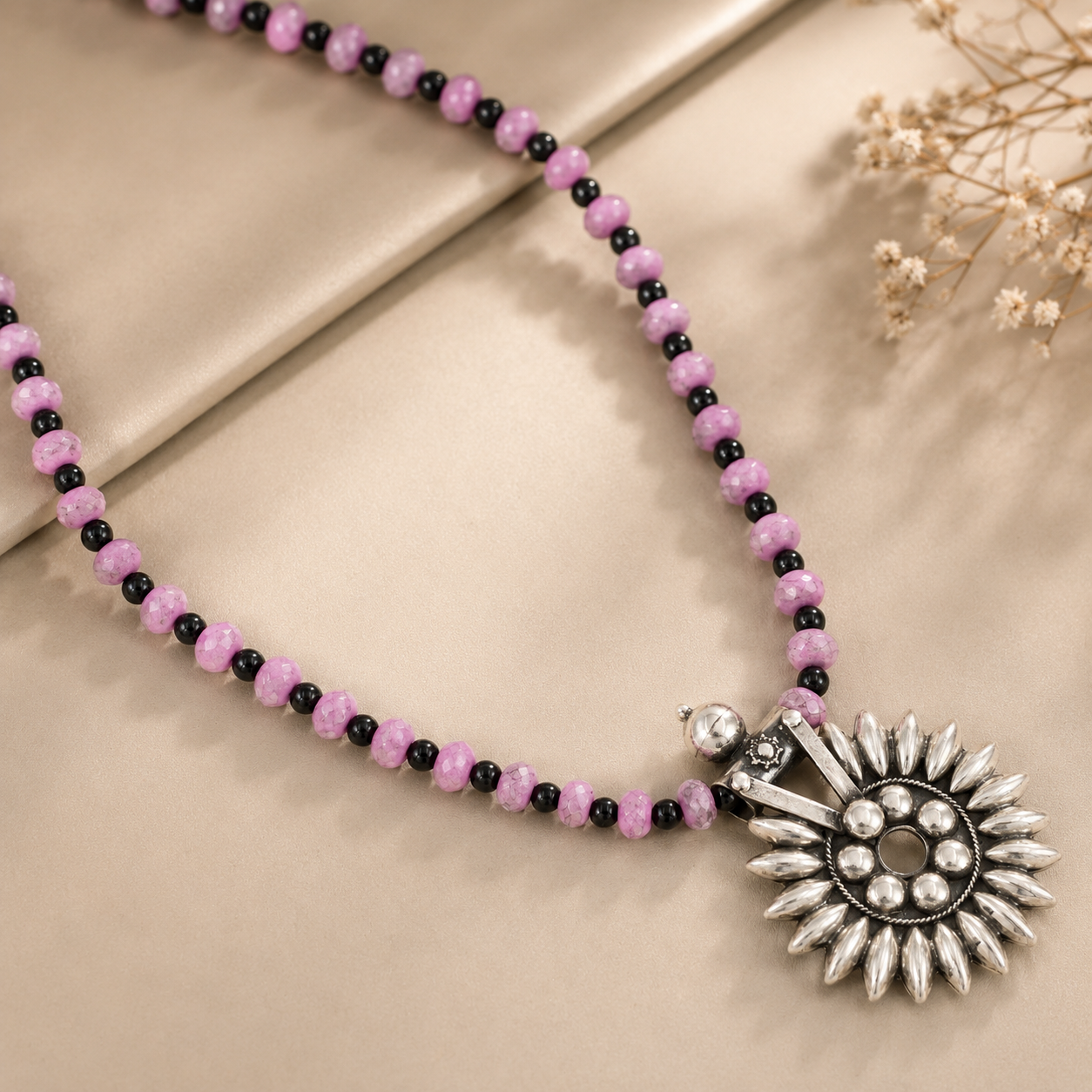 Sunburst Pink Black Beaded Silver Necklace