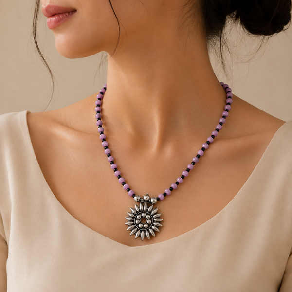 Sunburst Pink Black Beaded Silver Necklace