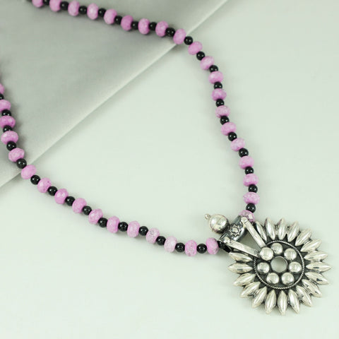 Sunburst Pink-Black Beaded charm Silver Necklace