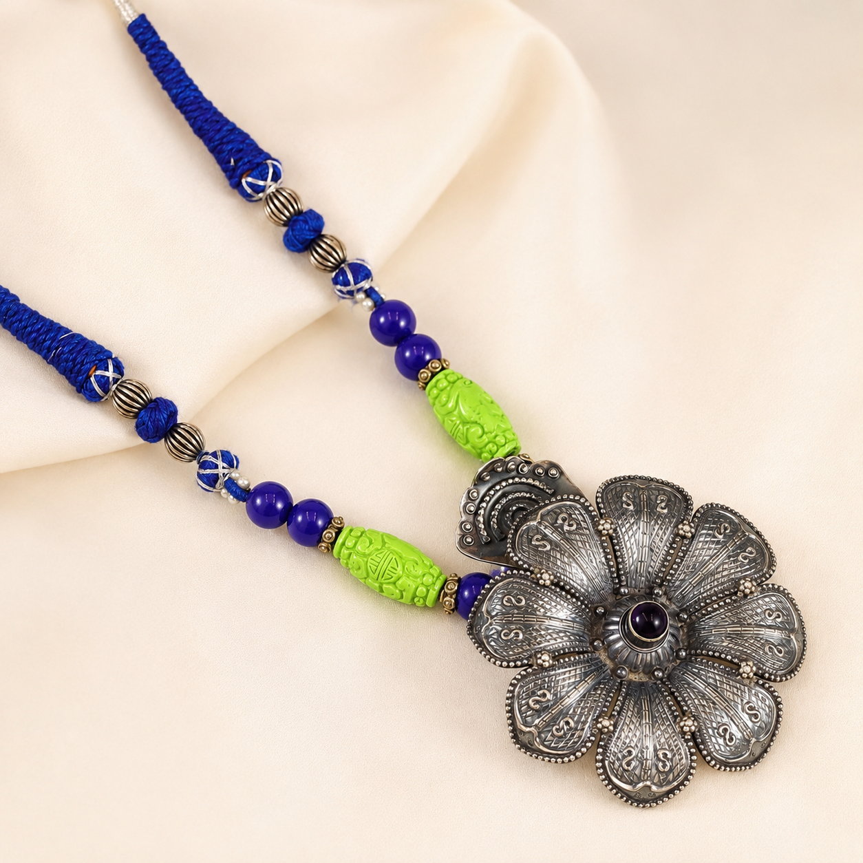 Floral Bold Beads Tribal Elegance Silver Necklace