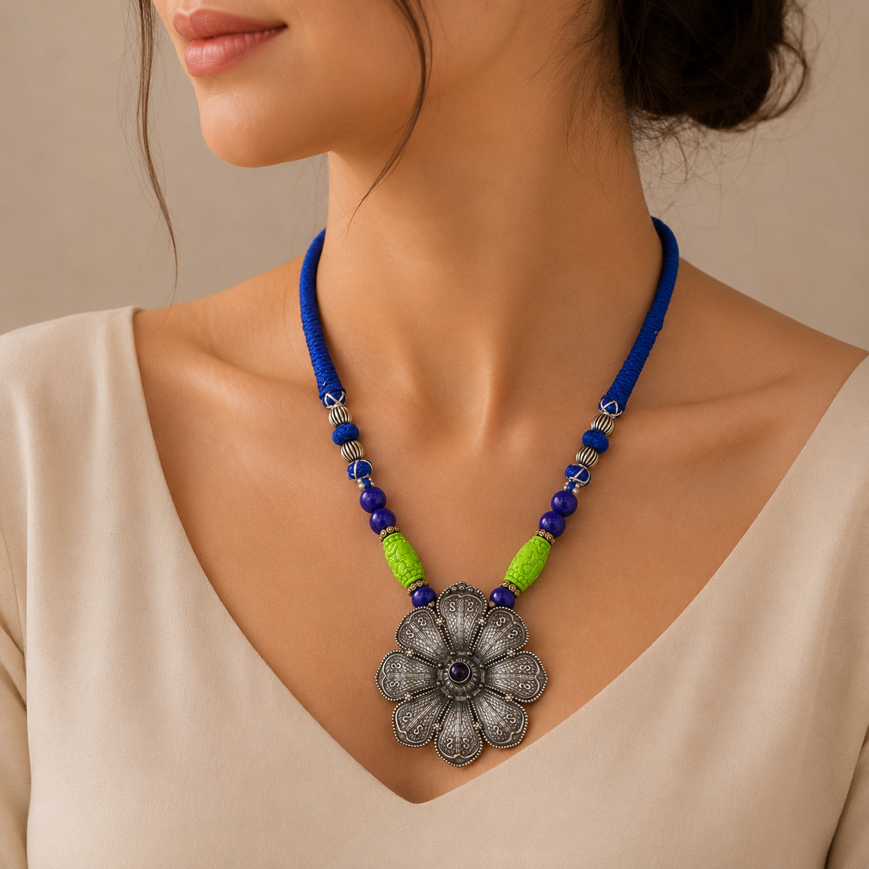 Floral Bold Beads Tribal Elegance Silver Necklace