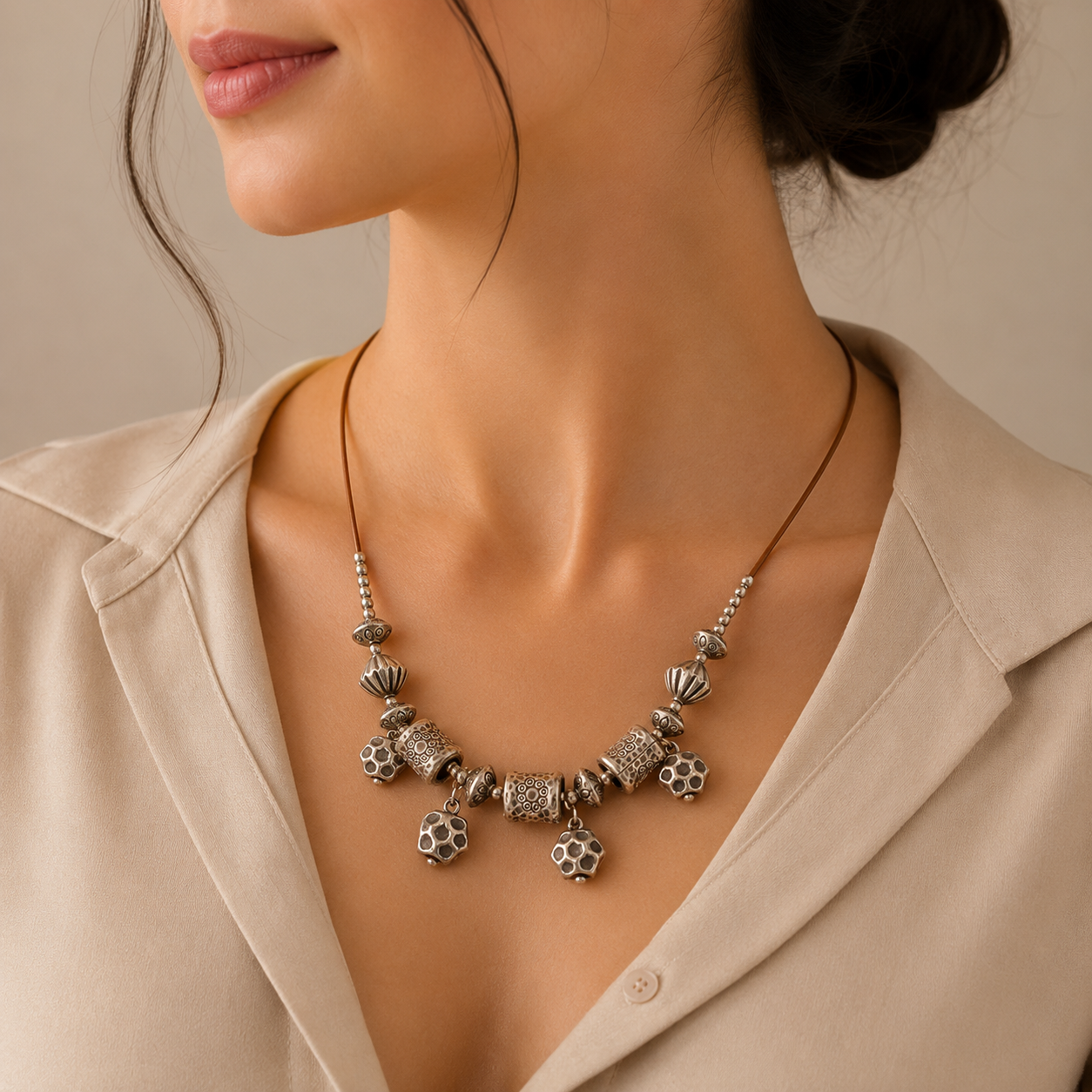 Rustic Silver Beads Minimal Tribal Charm Necklace