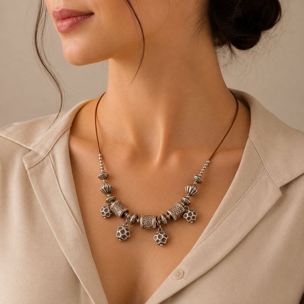 Rustic Silver Beads Minimal Tribal Charm Necklace