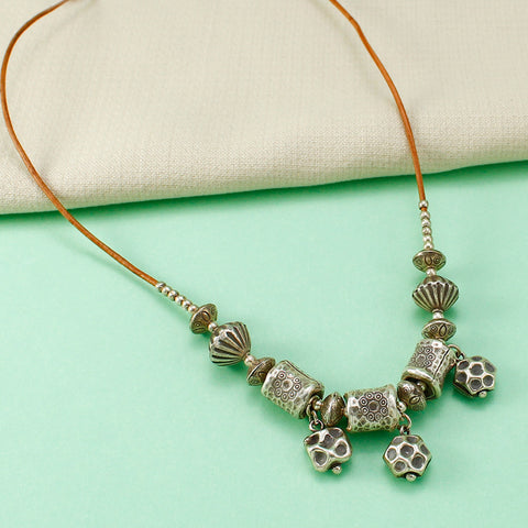 Rustic Silver Beads  Minimal Tribal Charm Necklace