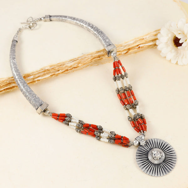 Tribal Elegance  Coral-Red  pearl Beads Silver Necklace