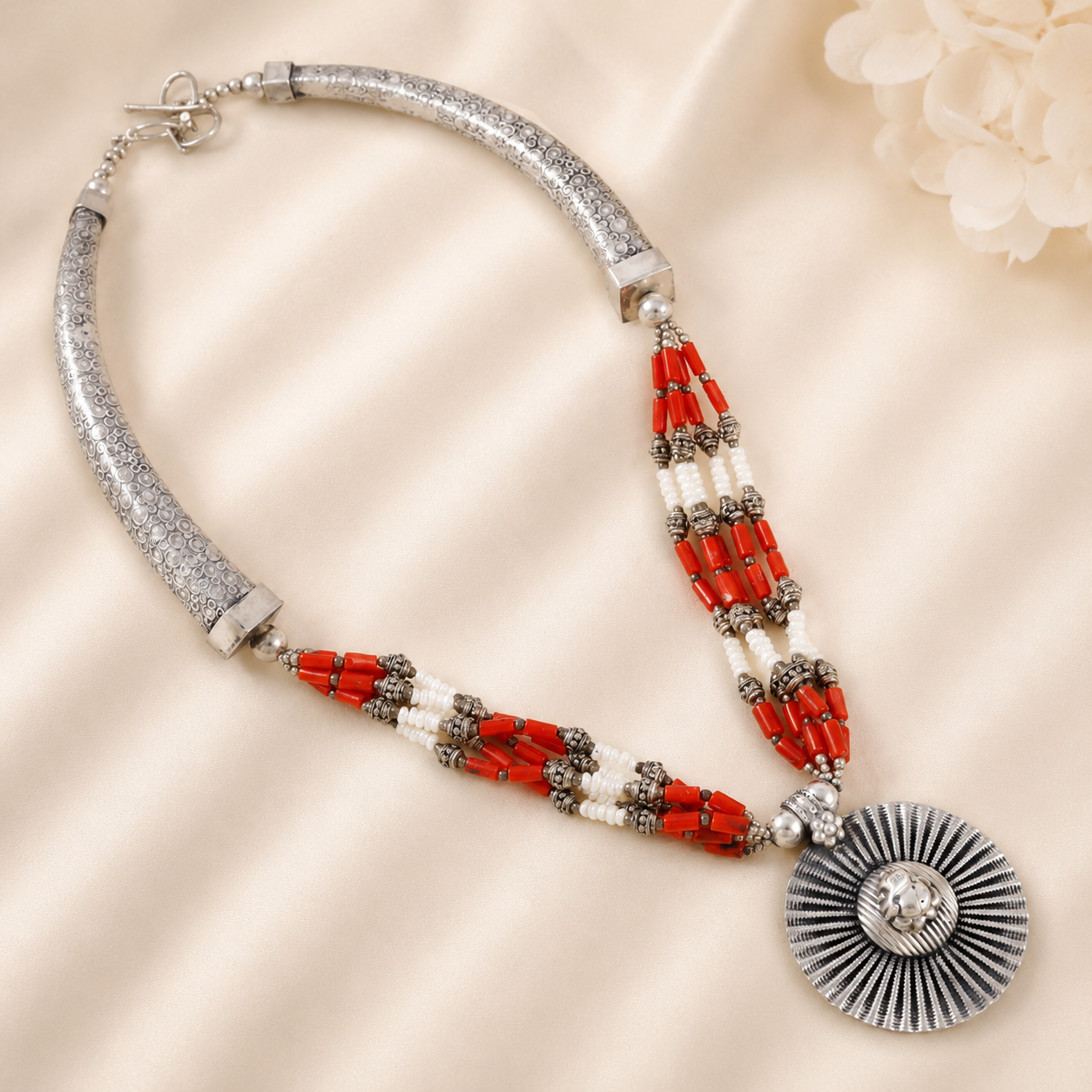 Tribal Elegance Coral-Red Pearl Beads Silver Necklace