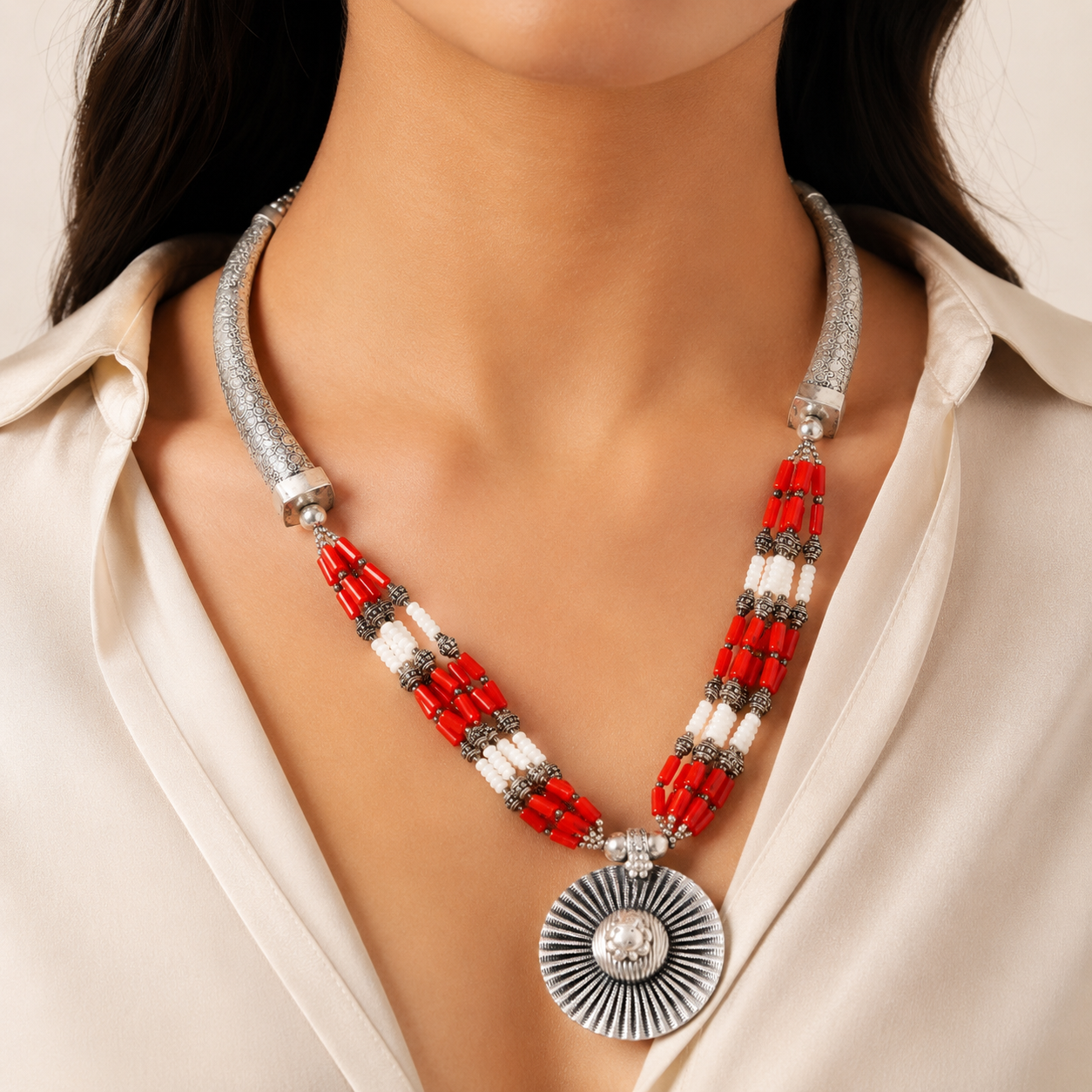 Tribal Elegance Coral-Red Pearl Beads Silver Necklace