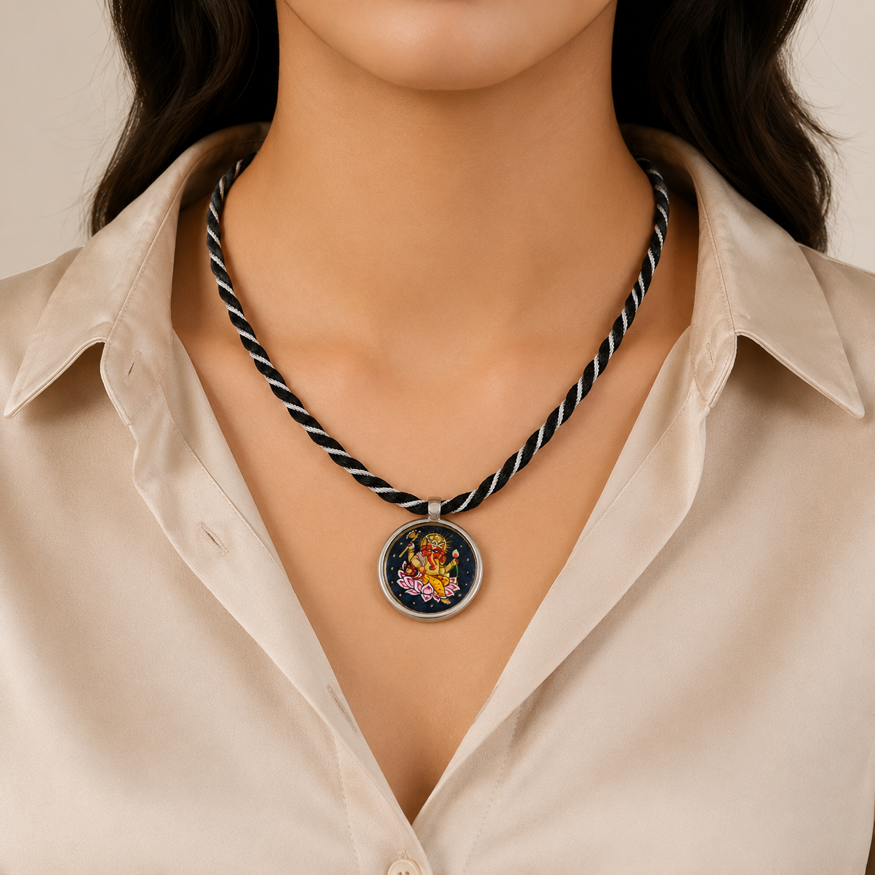 Vinayaka Shringar Black Thread Silver Necklace