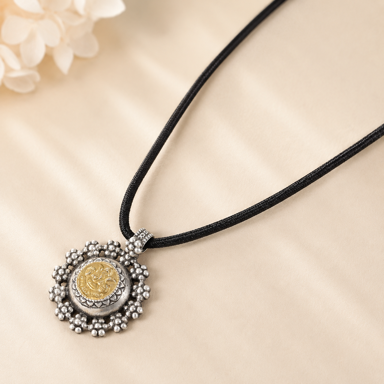 Elegant  Ganesh Black Thread Silver Necklace