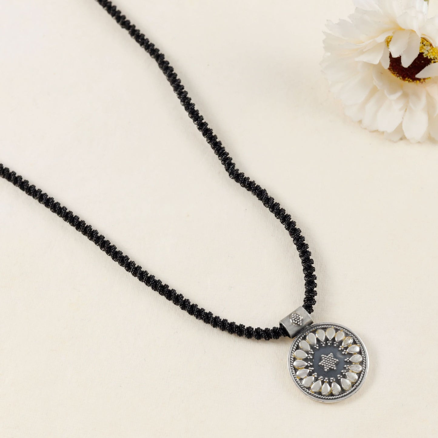 Chandra Mani Black Thread Silver Necklace