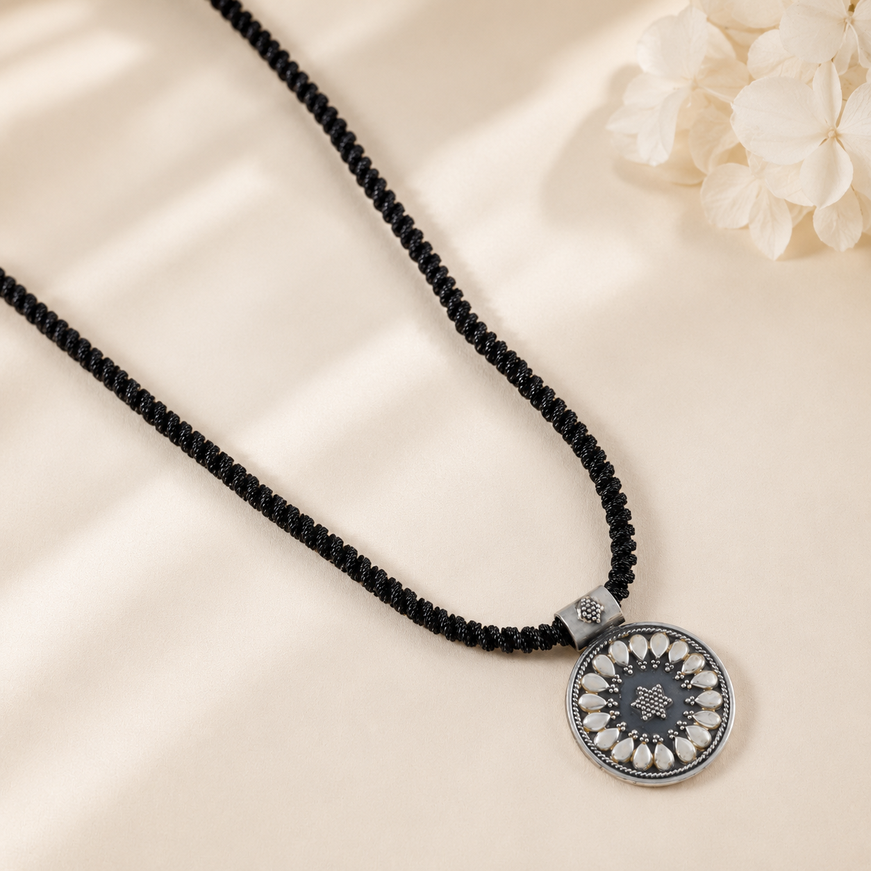 Chandra Mani Black Thread Silver Necklace