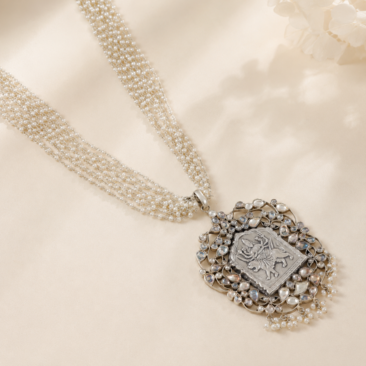 Durga  With Delicate pearl Chains Silver Necklace