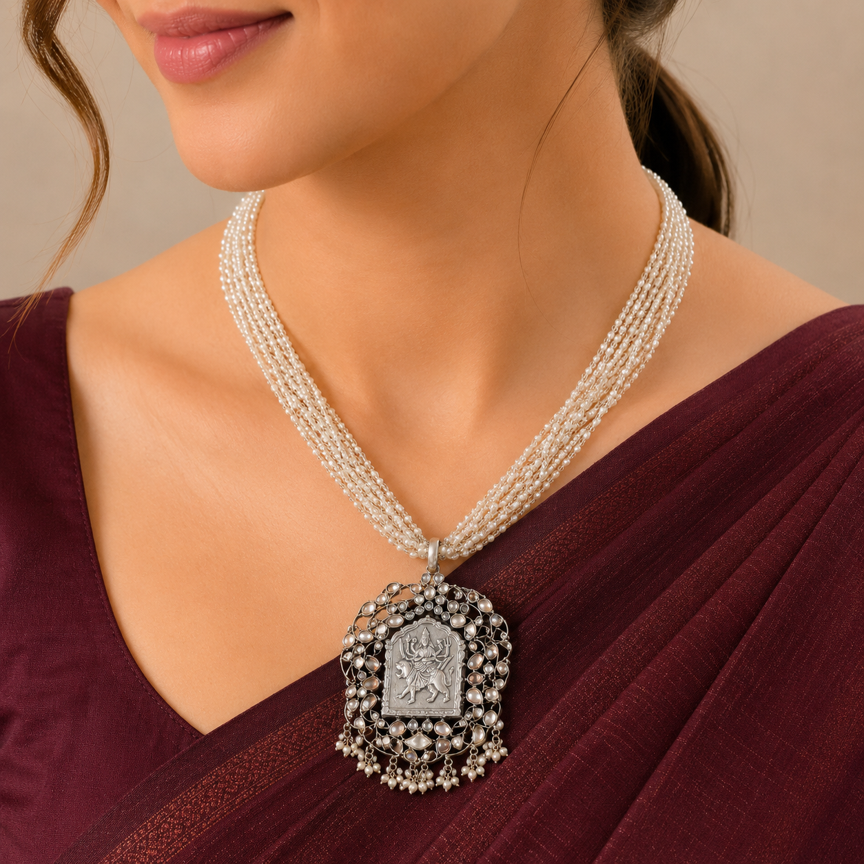 Durga  With Delicate pearl Chains Silver Necklace