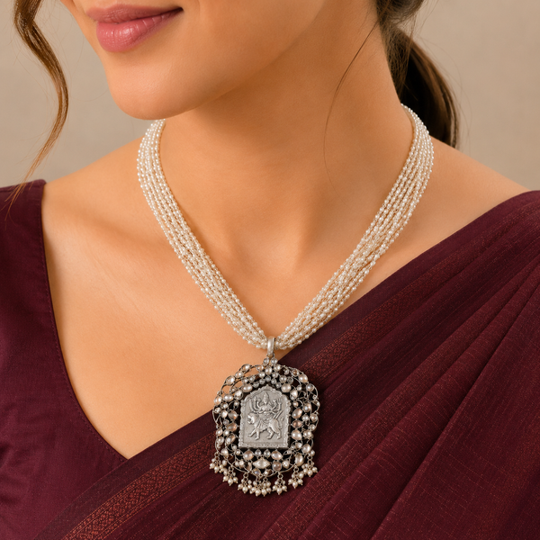 Durga  With Delicate pearl Chains Silver Necklace