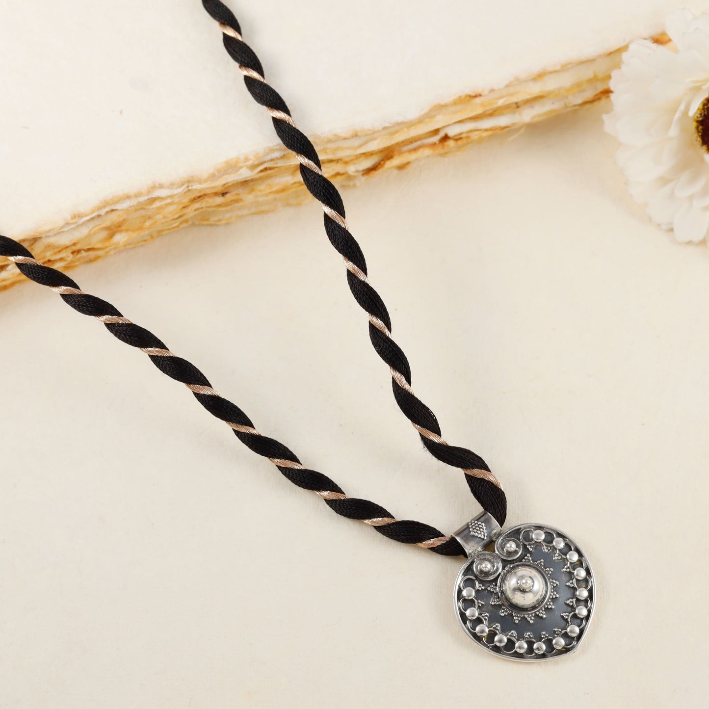 Elegant Silver Heart Black Thread Necklace