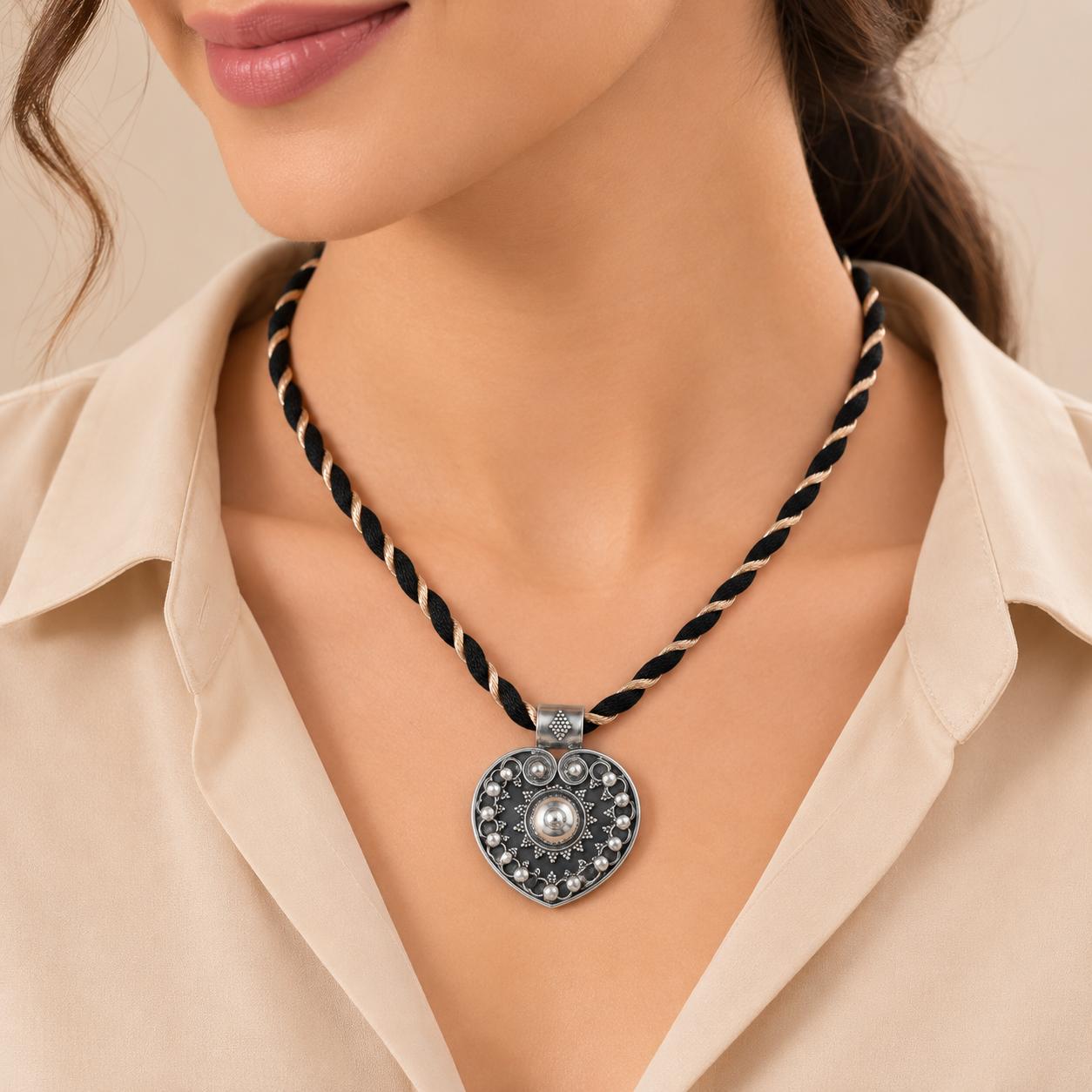 Elegant Silver Heart Black Thread Necklace