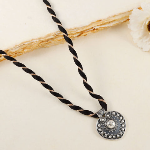 Elegant Silver Heart Black Thread Necklace