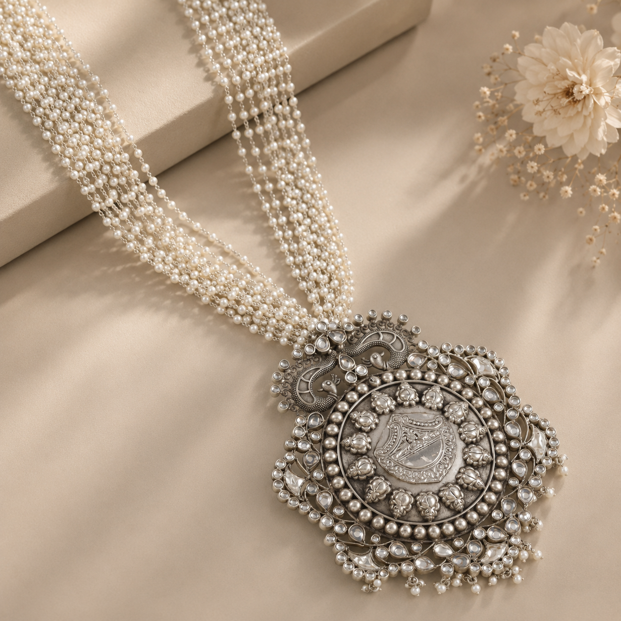 Teena Elegant Silver Pearl Necklace