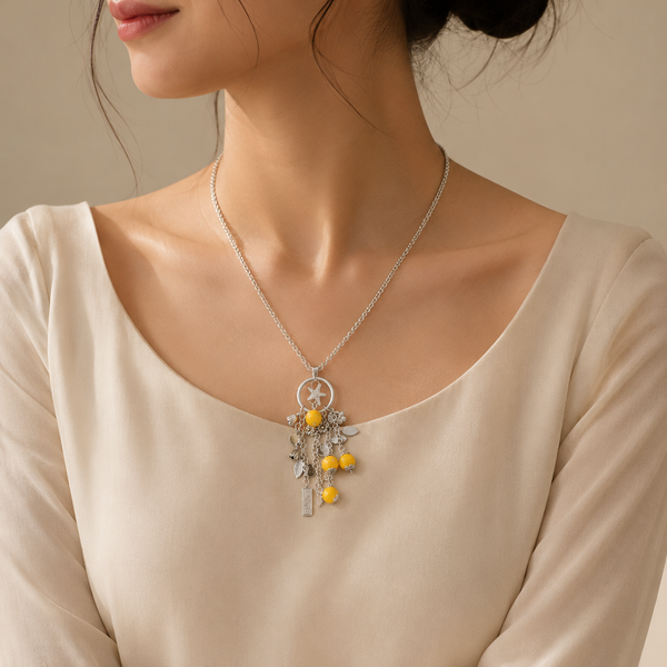 Esha Yellow Beads Charms Silver Necklace