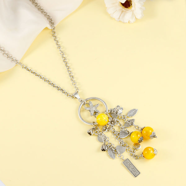 Esha Yellow Beads And Charms Silver Necklace