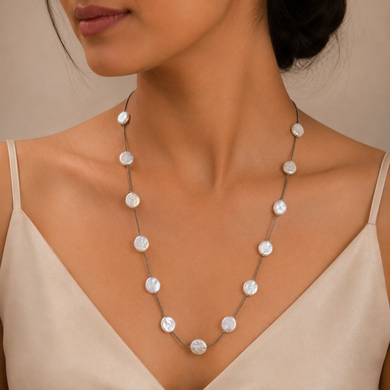 Hina lustrous Pearl Discs Silver Necklace