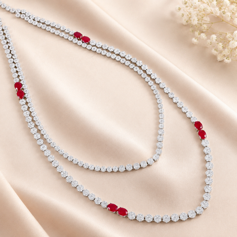 Dazzling Silver Cz Necklace With Red Gemstone