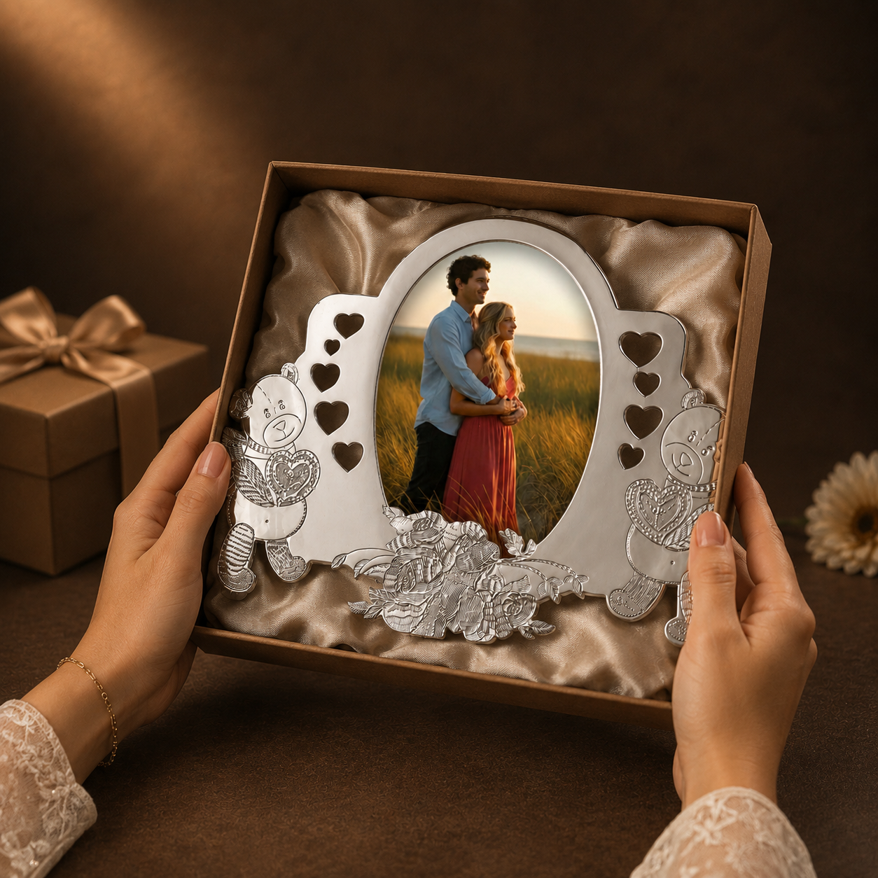 Heart & Teddy Themed Silver Photo Frame