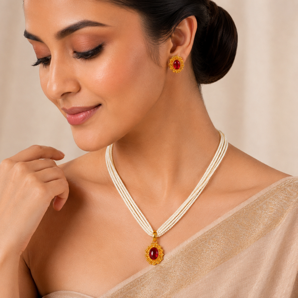Ruhani Ruby Stud Pendant Gold Necklace Set