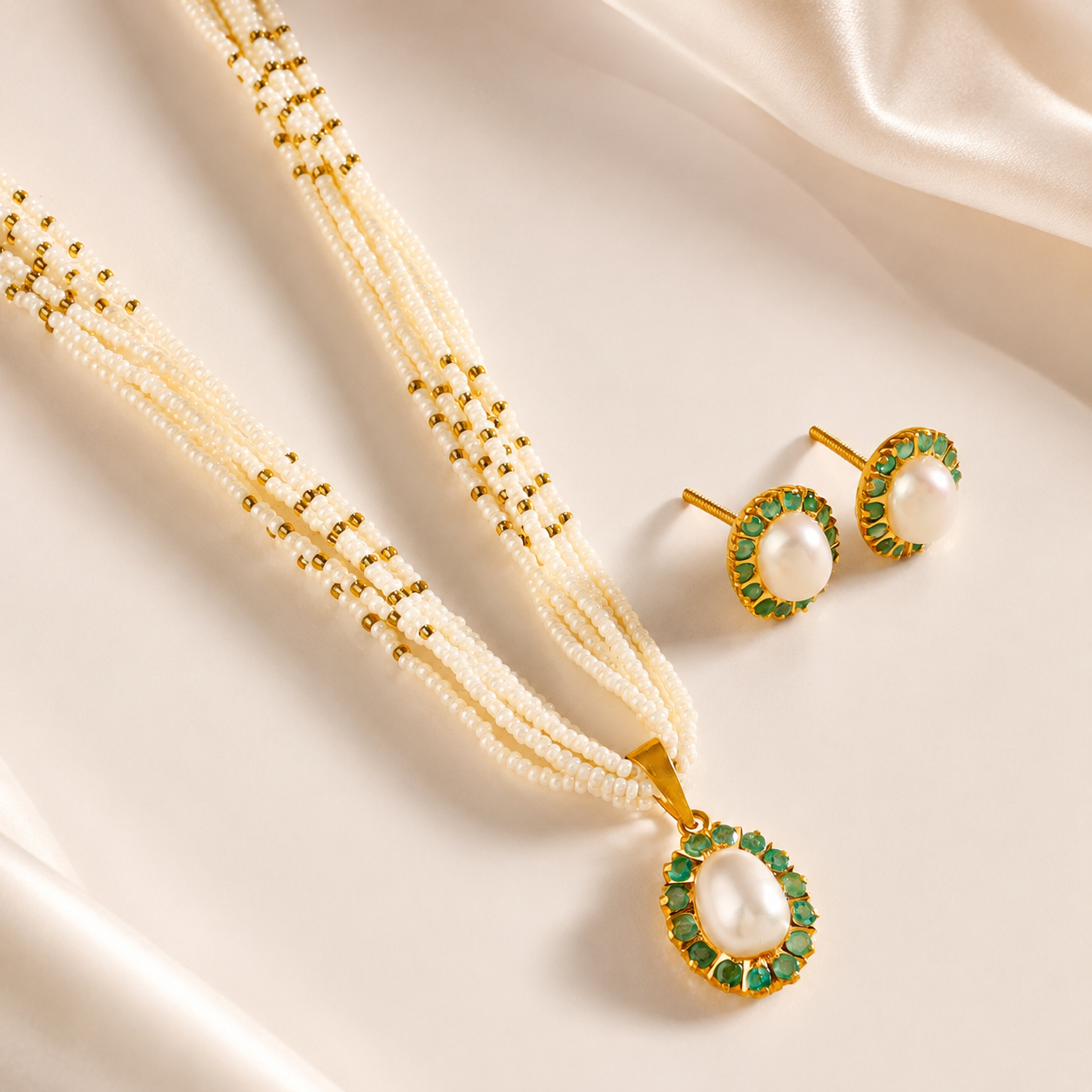 Anvika Green Stone  Pearl Gold Necklace Set