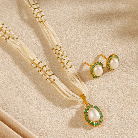 Anvika Green Stone  Pearl Gold Necklace Set