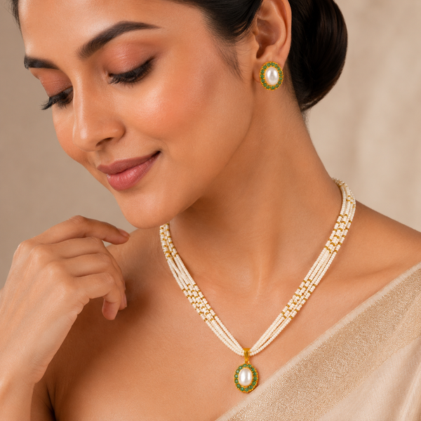 Anvika Green Stone  Pearl Gold Necklace Set