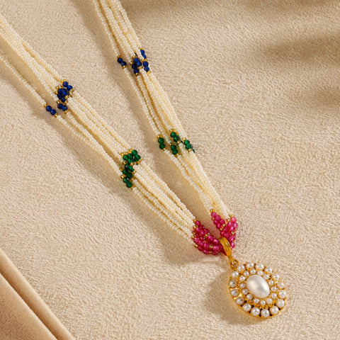Rajvi Pearl Navratna Pendant Gold Necklace