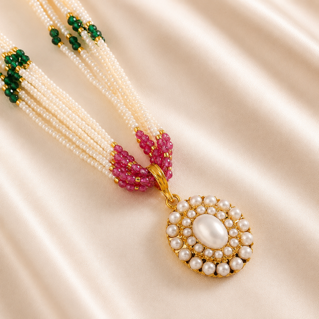 Rajvi Pearl Navratna Gold Pendant Set