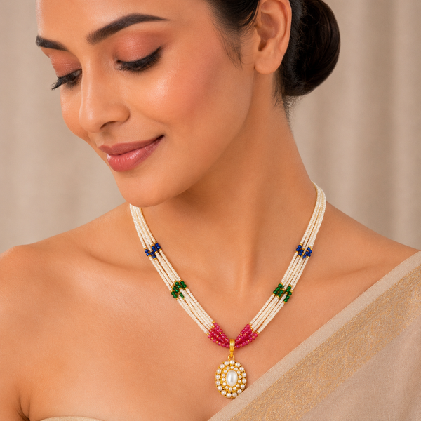 Rajvi Pearl Navratna Pendant Gold Necklace