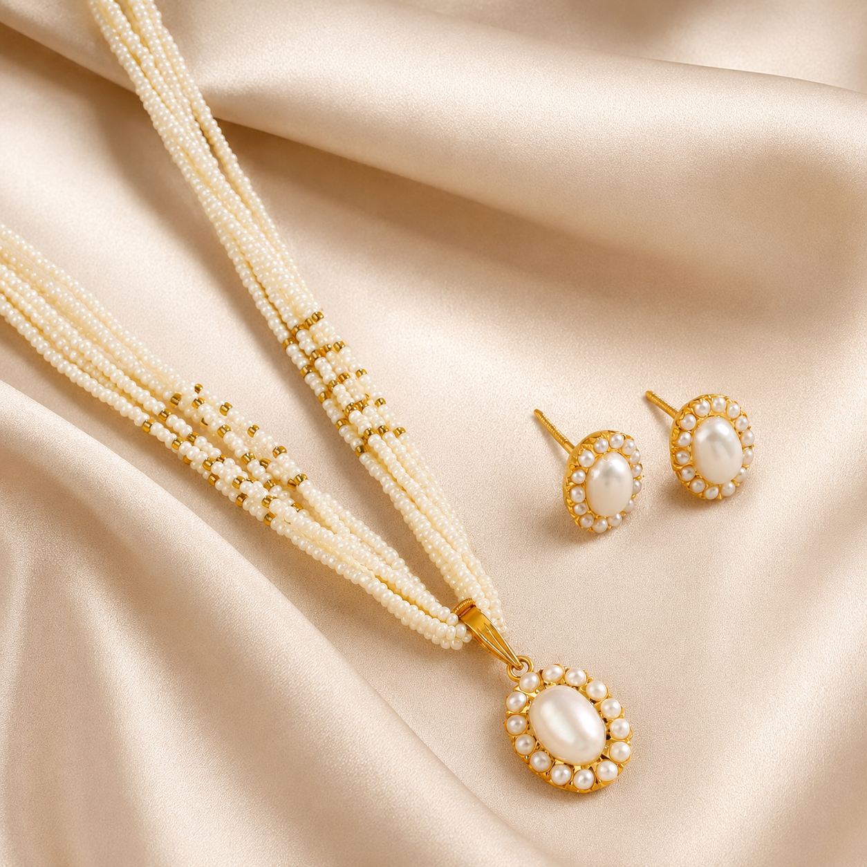 Tara Cluster Pearl Pendant Gold Necklace Set