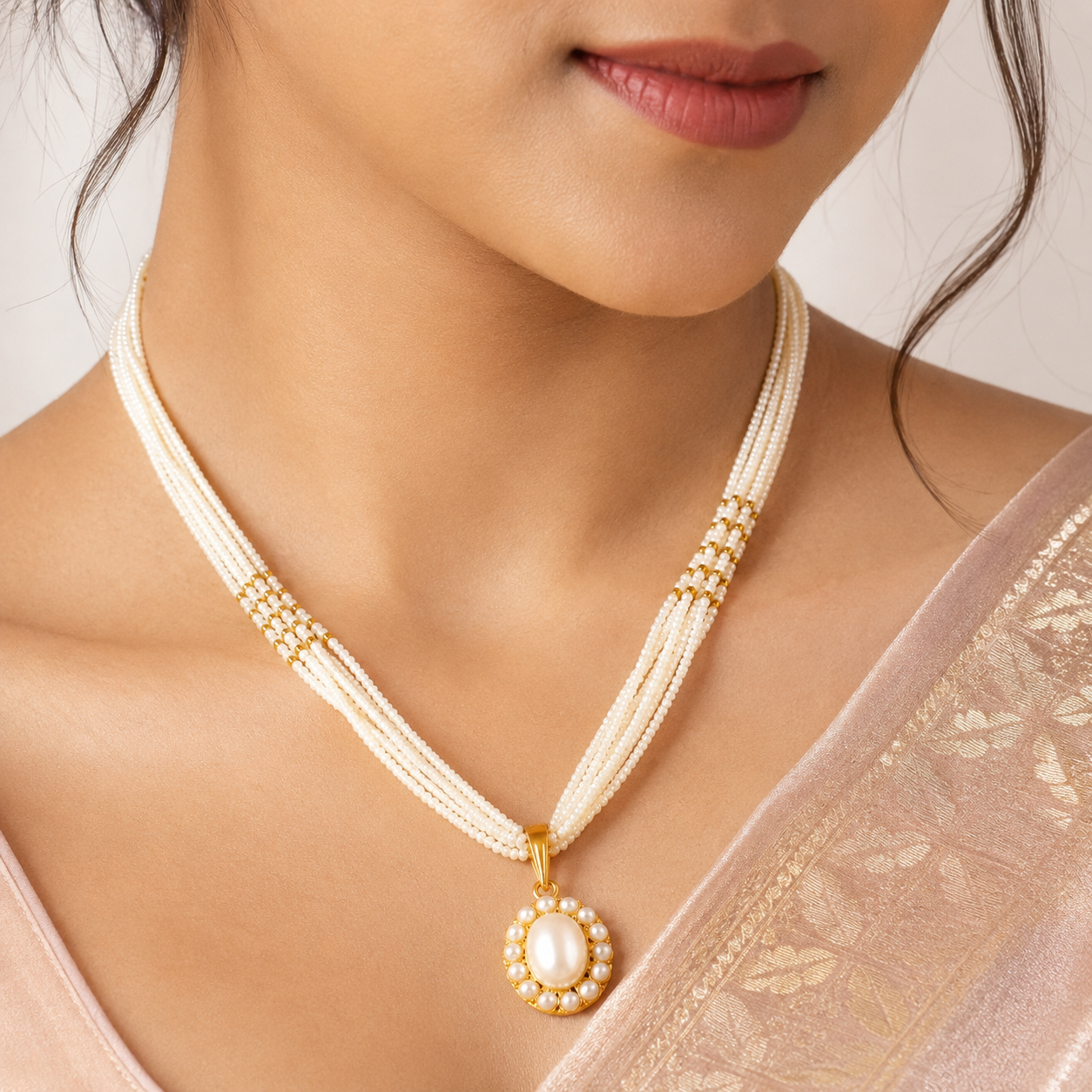 Tara Cluster Pearl Pendant Gold Necklace Set