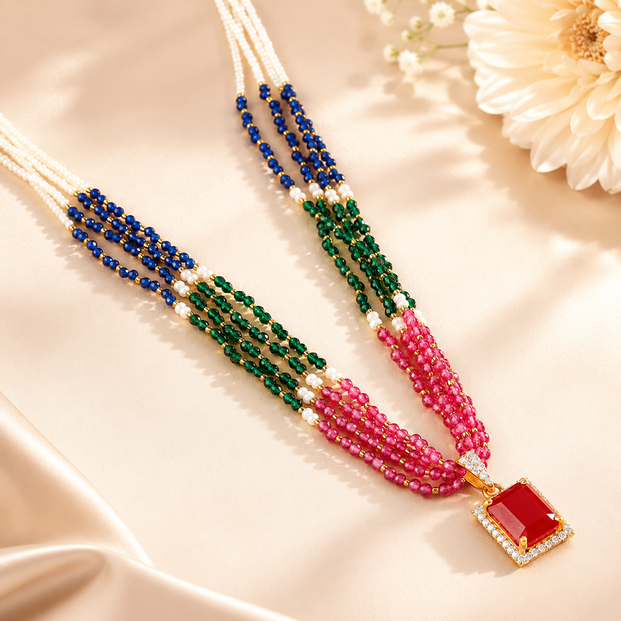 Traditional Square Ruby Pendant Gold Necklace