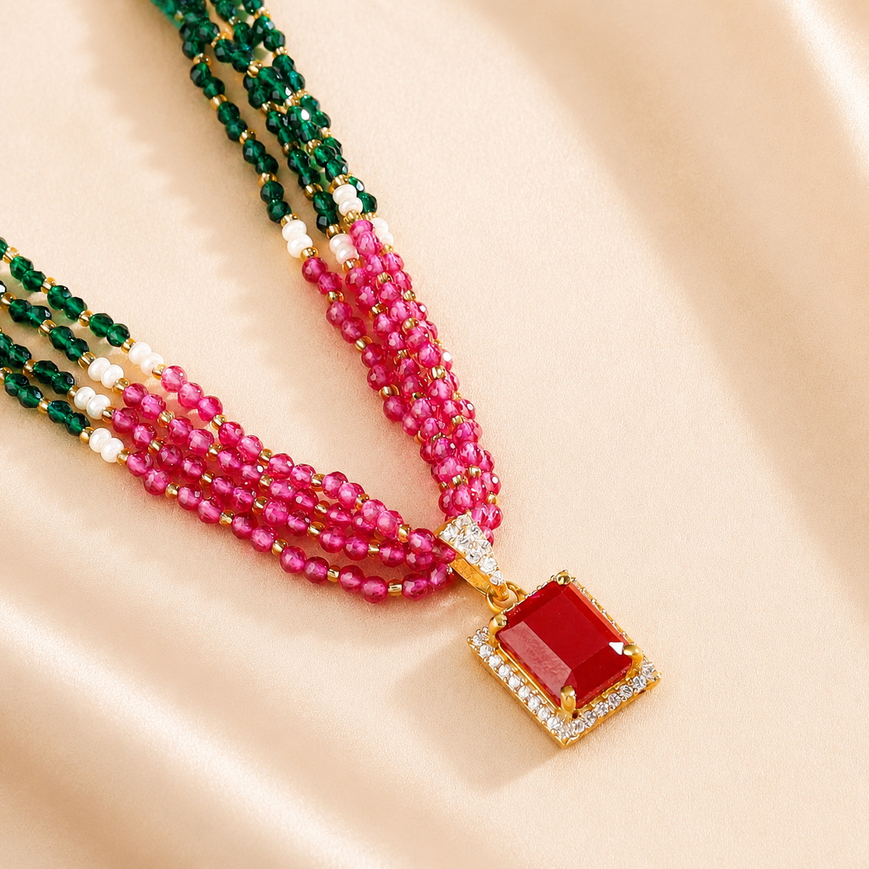 Traditional Square Ruby Pendant Gold Necklace