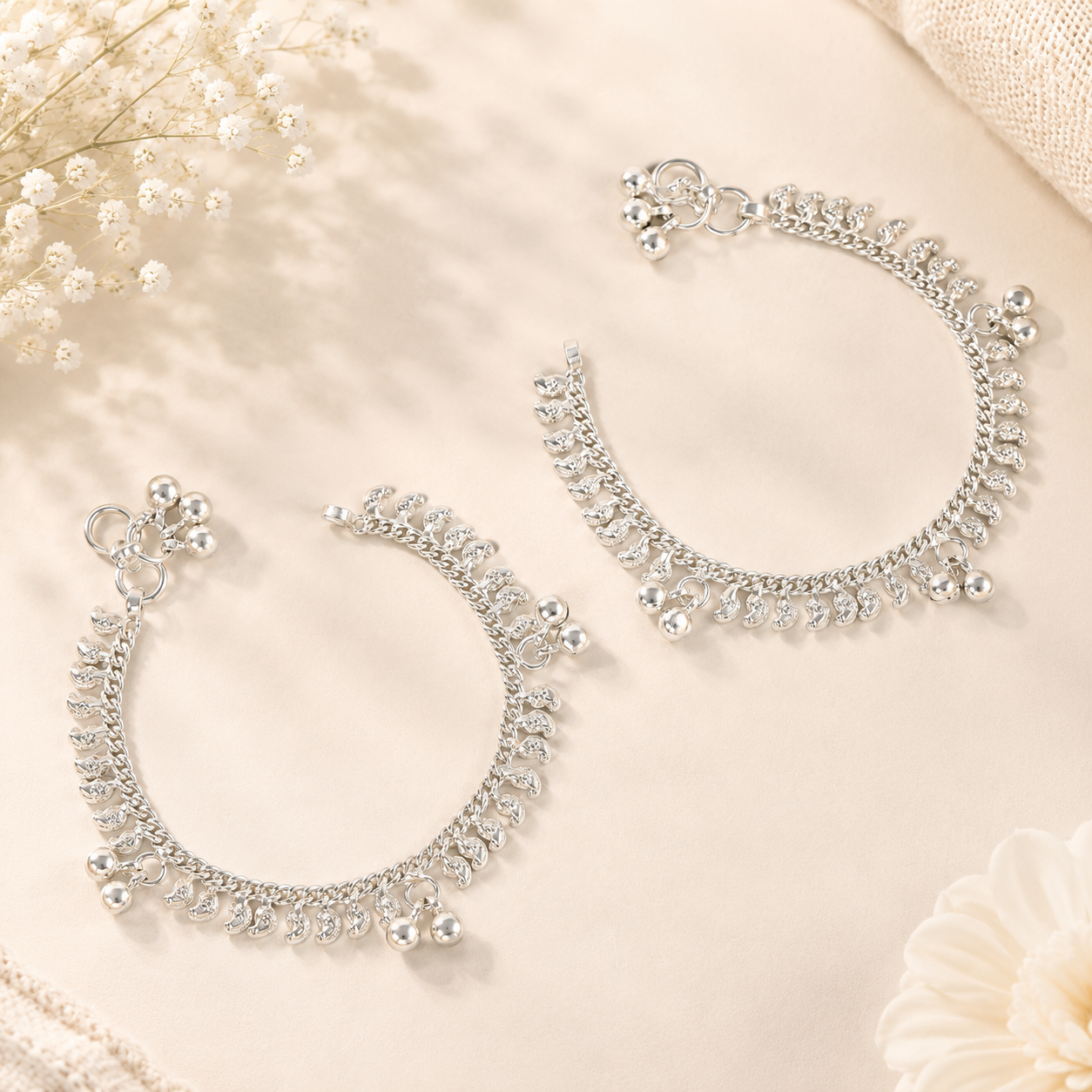 Ethnic Jingle Silver Anklets For Kids